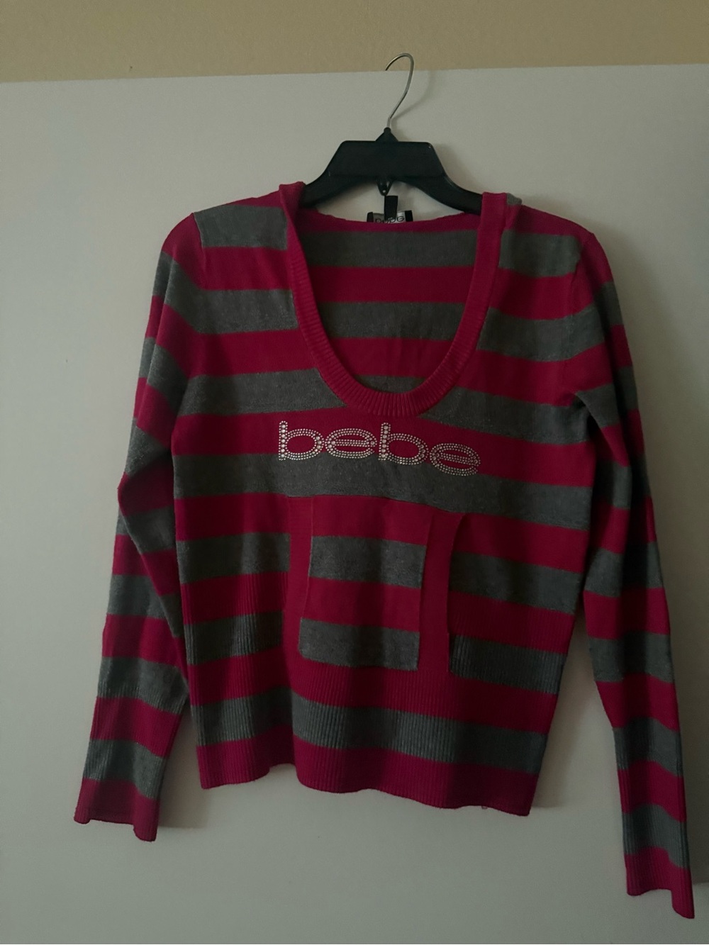 bebe Hot Pink and Gray Striped Scoop Neck Sweater Hoodie